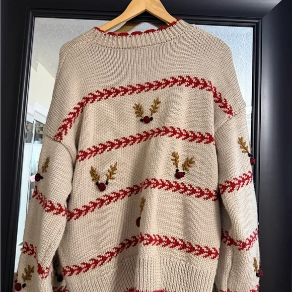 Zara Cream Sweater with reindeer Red and Gold Details - Picture 4 of 6